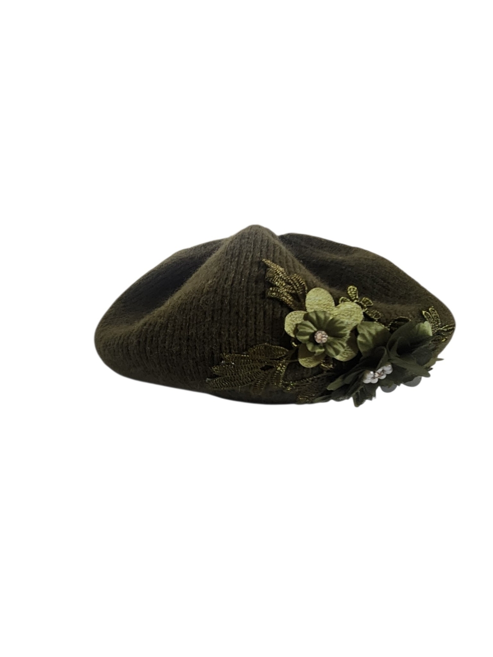 Green Fall Floral Embellished Beret Hat One Size